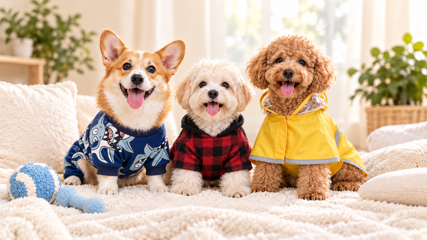 Three dogs in Tamecare shark pajamas, a plaid shirt and a yellow raincoat