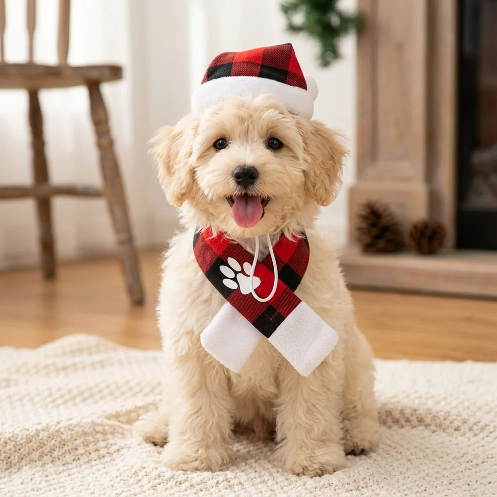 Tamecare Buffalo Plaid Christmas Dog Scarf and Hat Set