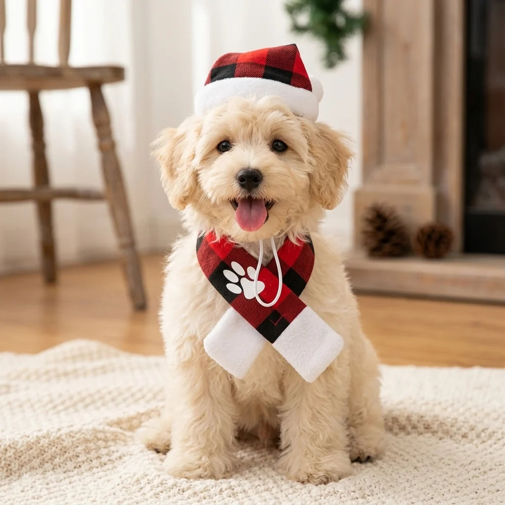 Tamecare Buffalo Plaid Christmas Dog Scarf and Hat Set