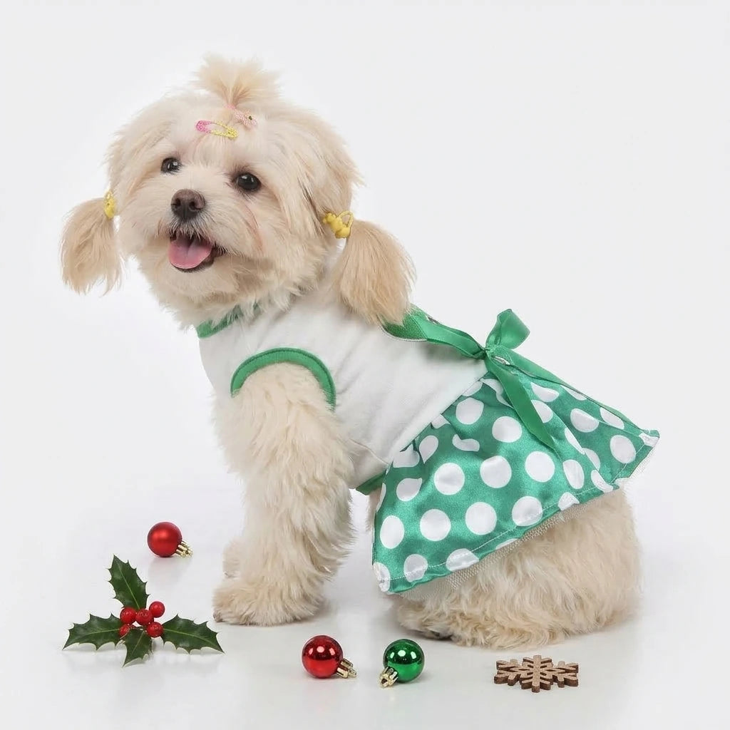 Tamecare Green Polka Dot Christmas Tree Dog Dress - lifestyle view