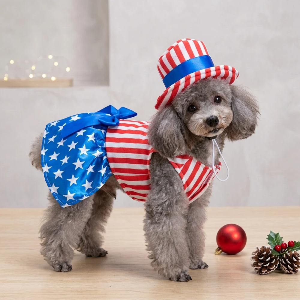 Tamecare Patriotic Stars and Stripes Puppy Dress and Hat Set