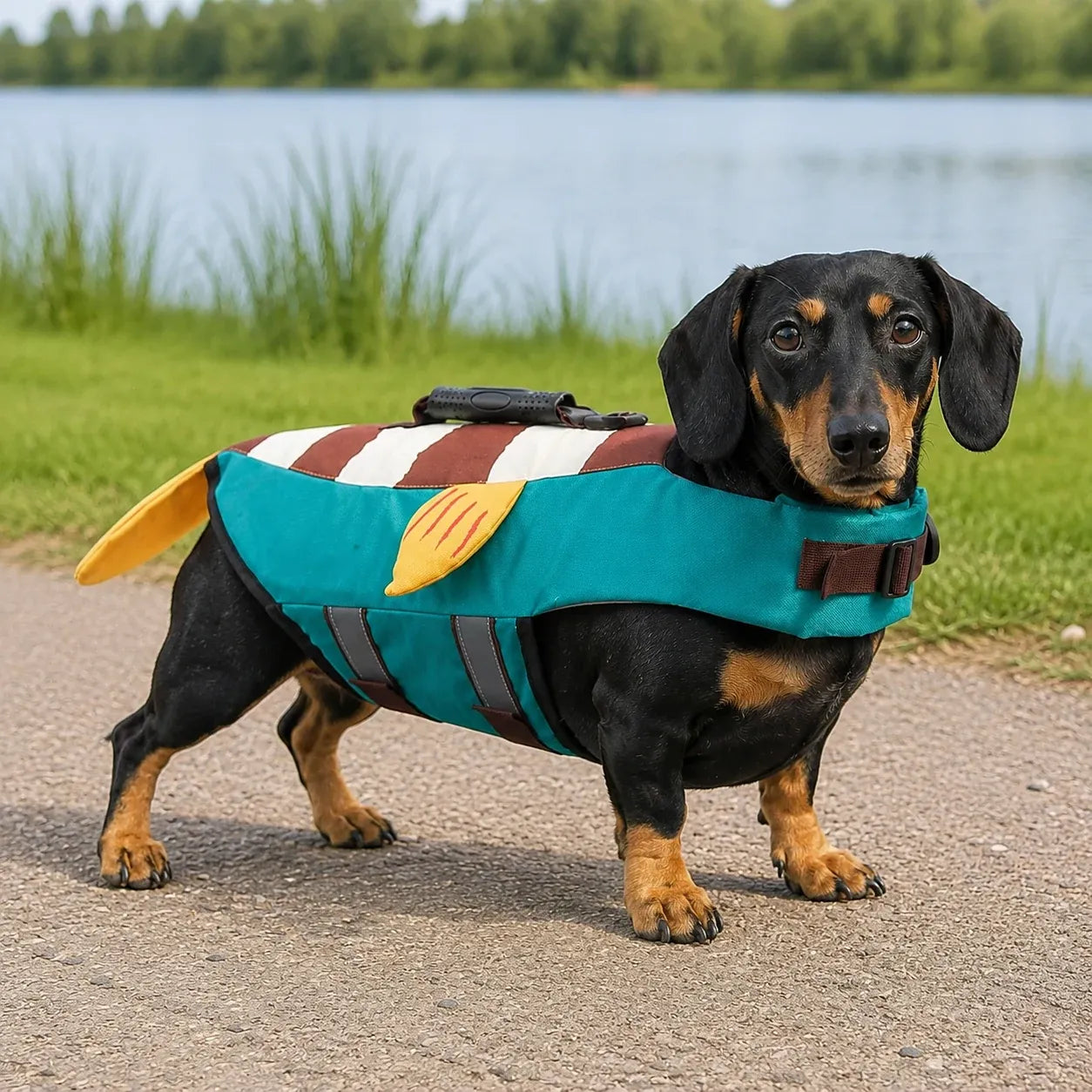 Tamecare blue-clownfish dog life jacket - three-quarter view near the lake