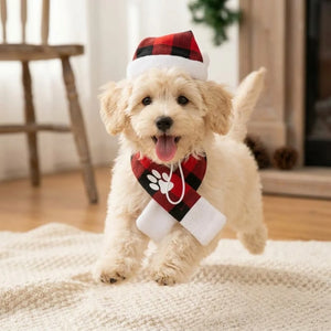 Tamecare Buffalo Plaid Christmas Dog Scarf and Hat Set