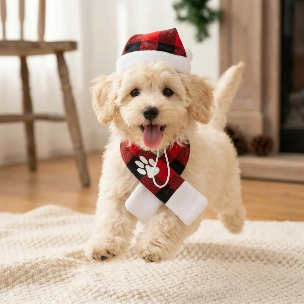 Tamecare Buffalo Plaid Christmas Dog Scarf and Hat Set