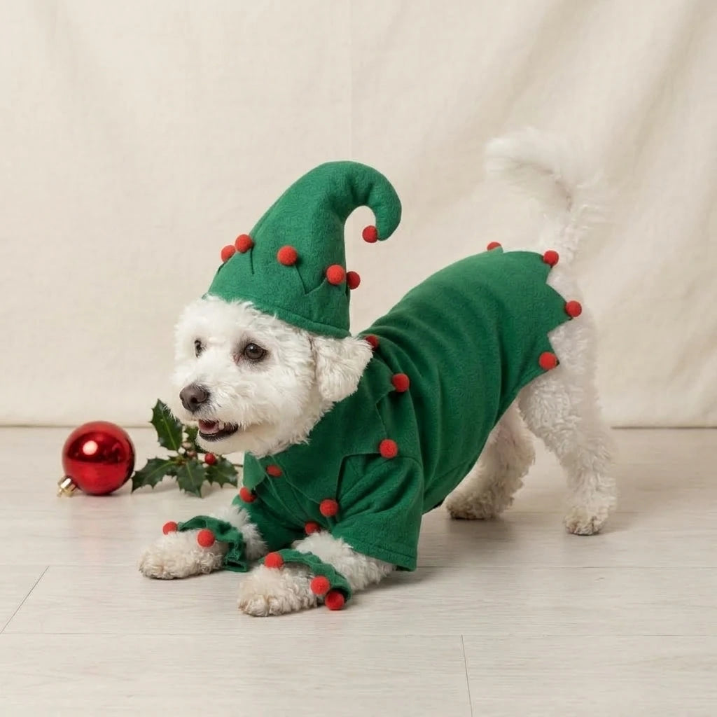 Tamecare Green Felt Elf Dog Costume with Hat and Ankle Cuffs