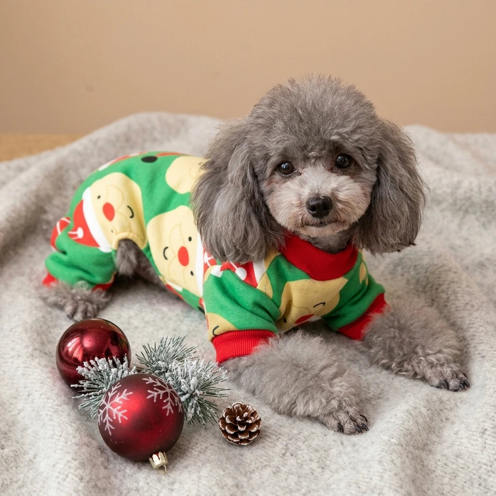 Tamecare Green Santa and Reindeer Christmas Dog Pajamas - lifestyle view