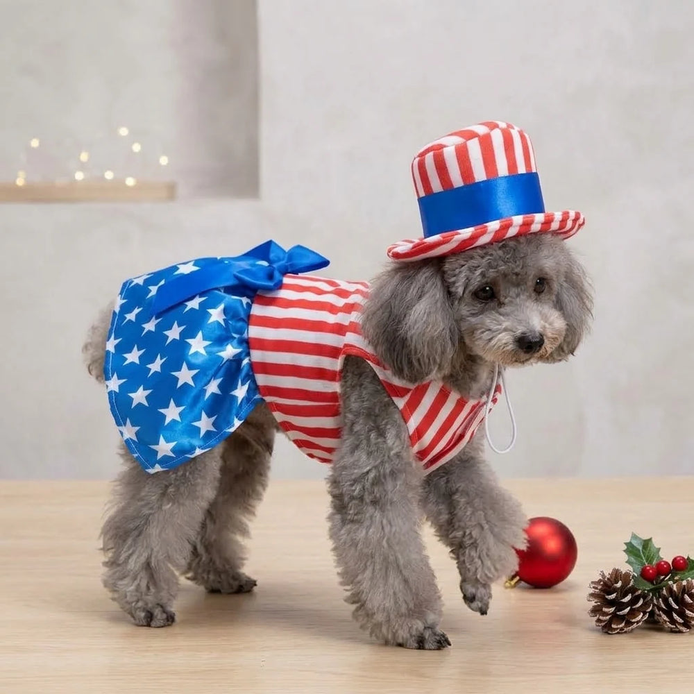 Tamecare Patriotic Stars and Stripes Puppy Dress and Hat Set