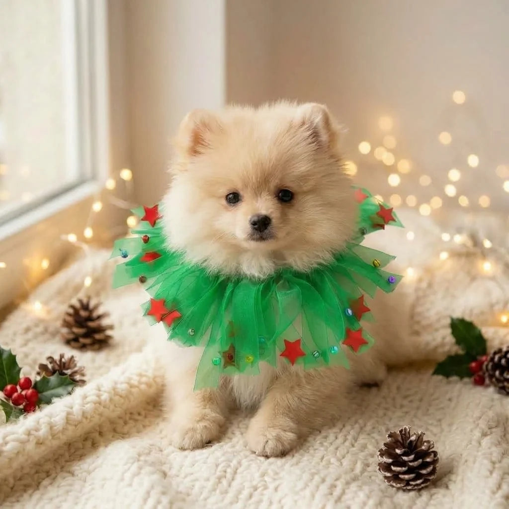 Tamecare Green Christmas Star Tulle Dog Collar