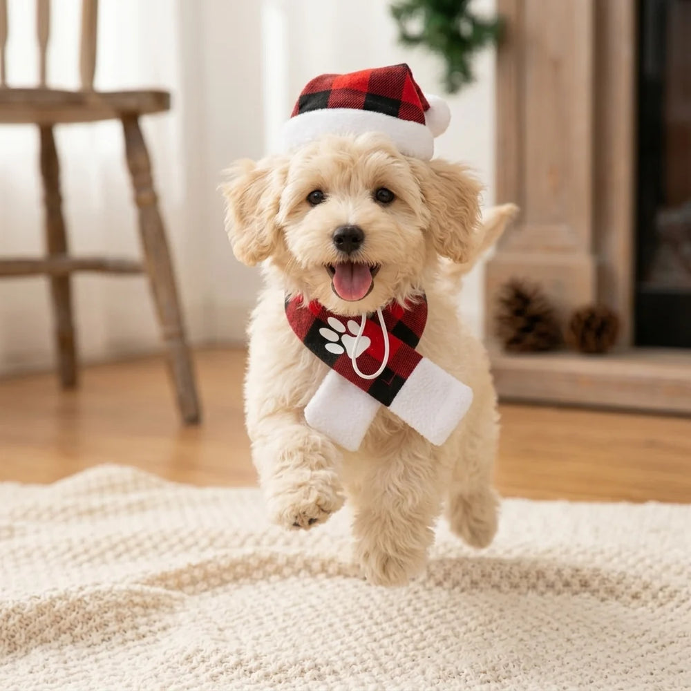 Tamecare Buffalo Plaid Christmas Dog Scarf and Hat Set