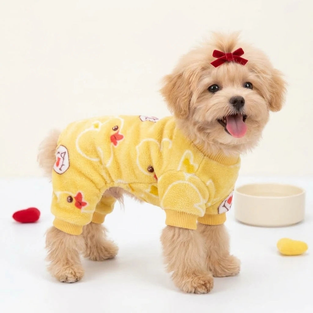 Tamecare Yellow Duck Print Fleece Dog Jumpsuit