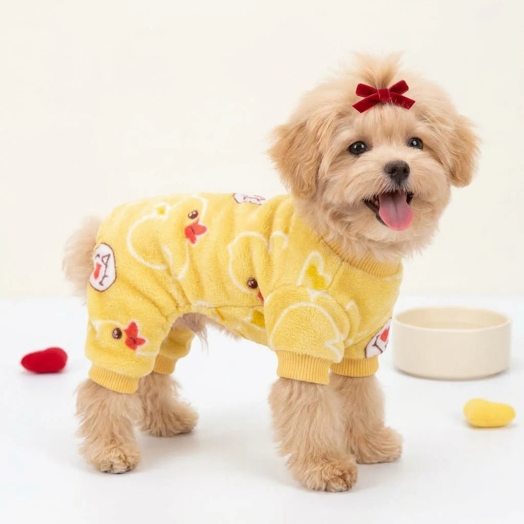 Tamecare Yellow Duck Print Fleece Dog Jumpsuit