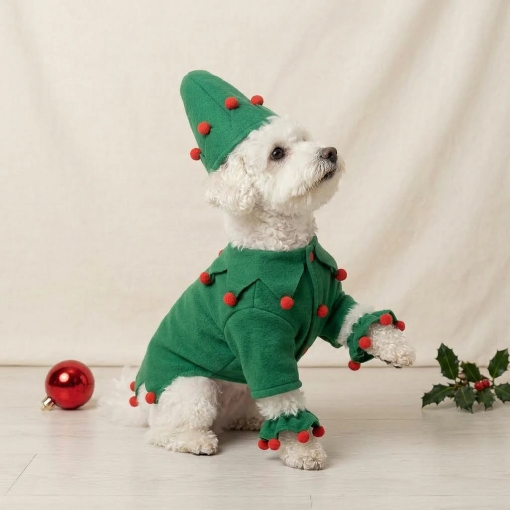 Tamecare Green Felt Elf Dog Costume with Hat and Ankle Cuffs