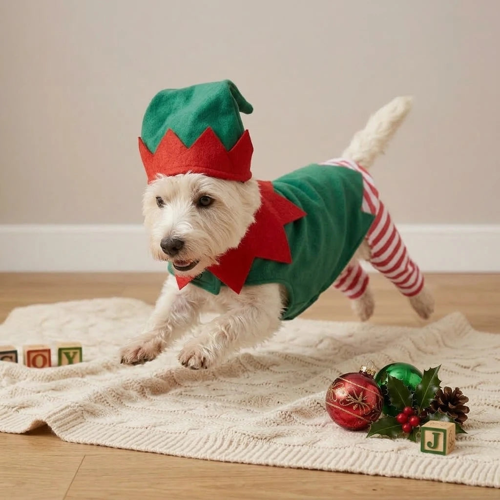 Tamecare Green and Red Christmas Elf Dog Outfit and Hat Set - lifestyle view
