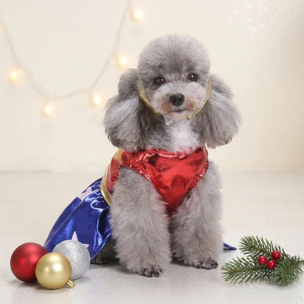 Tamecare Red and Blue Star Dog Costume Dress and Headband - lifestyle view