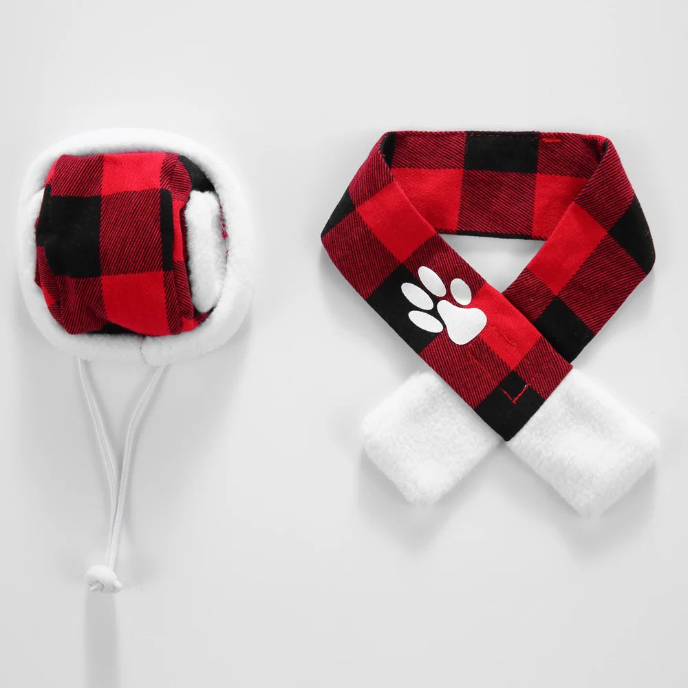 Tamecare Buffalo Plaid Christmas Dog Scarf and Hat Set