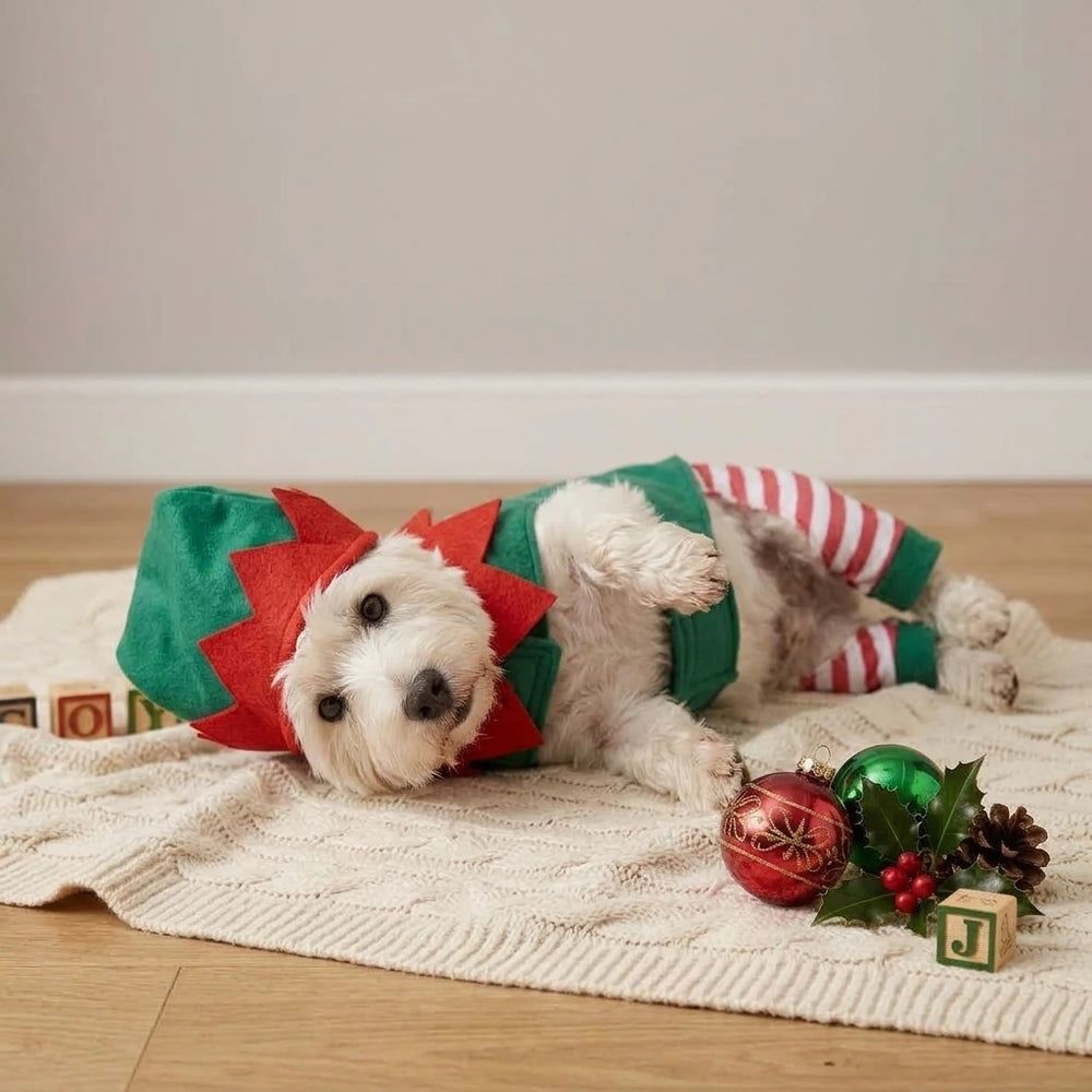 Tamecare Green and Red Christmas Elf Dog Outfit and Hat Set