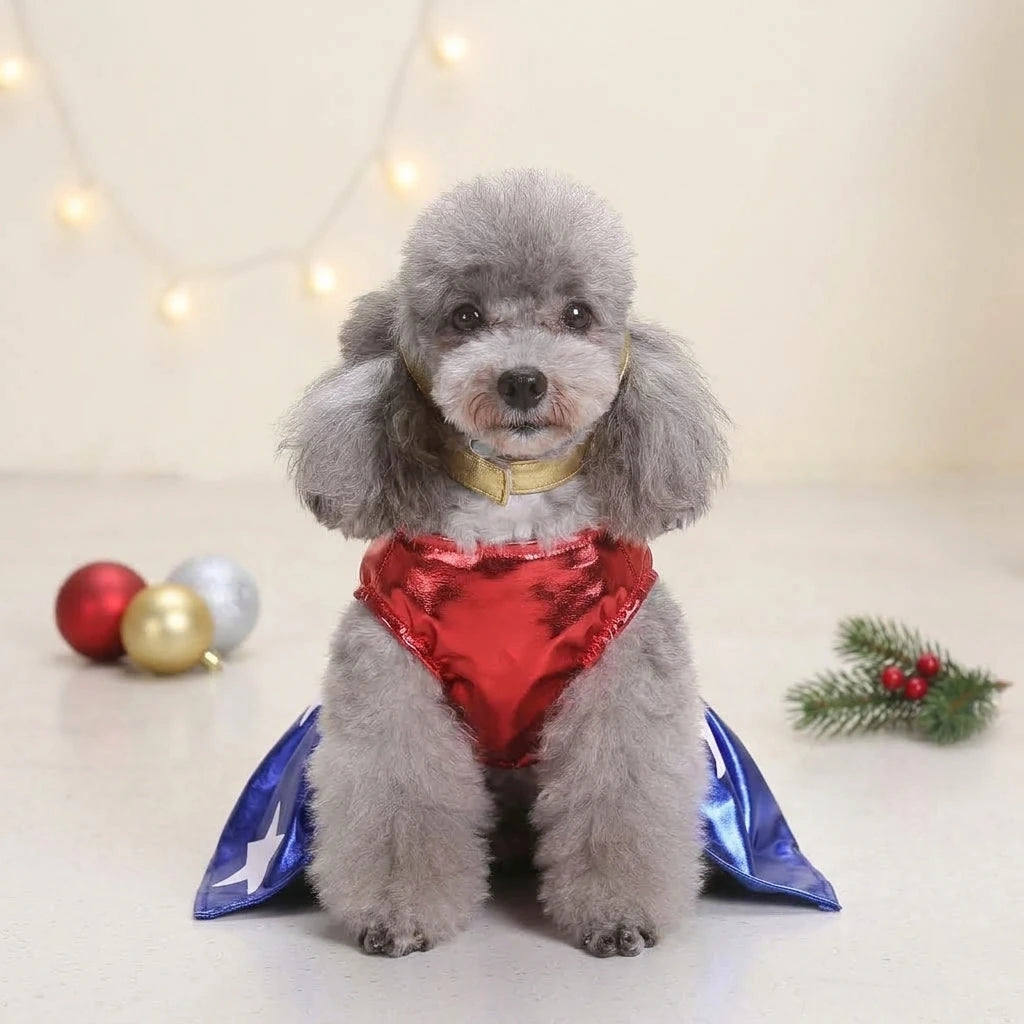 Tamecare Red and Blue Star Dog Costume Dress and Headband - lifestyle view
