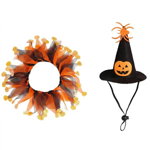 Tamecare Cat Witch Costume with Hat and Pumpkin Collar, Halloween Pet Outfit