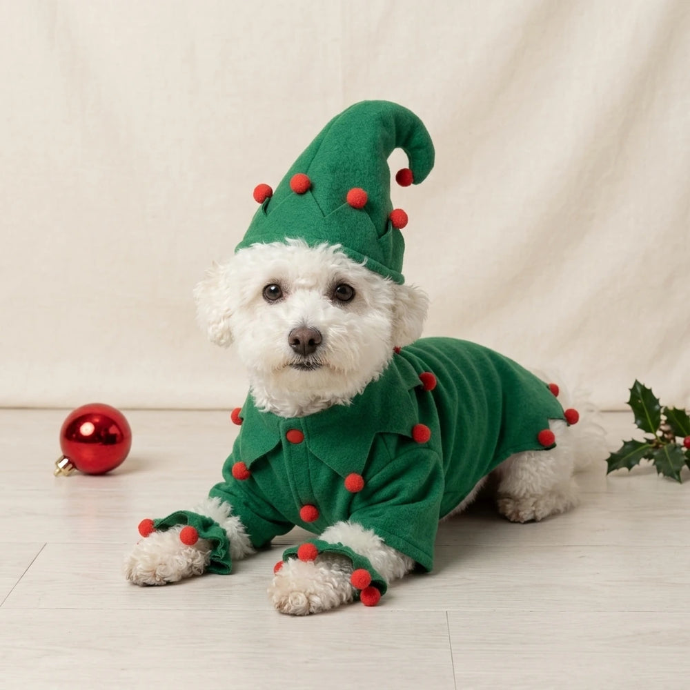 Tamecare Green Felt Elf Dog Costume with Hat and Ankle Cuffs