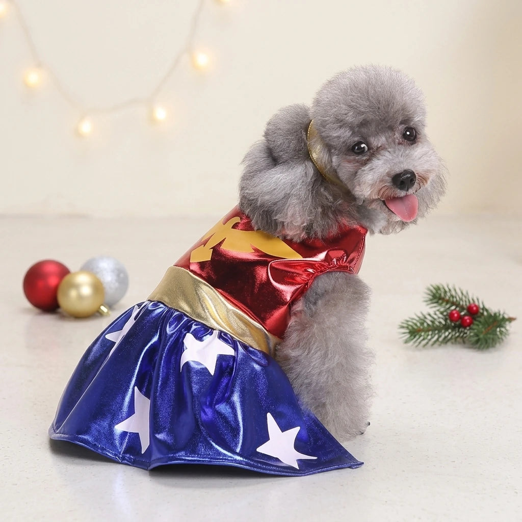 Tamecare Red and Blue Star Dog Costume Dress and Headband - lifestyle view