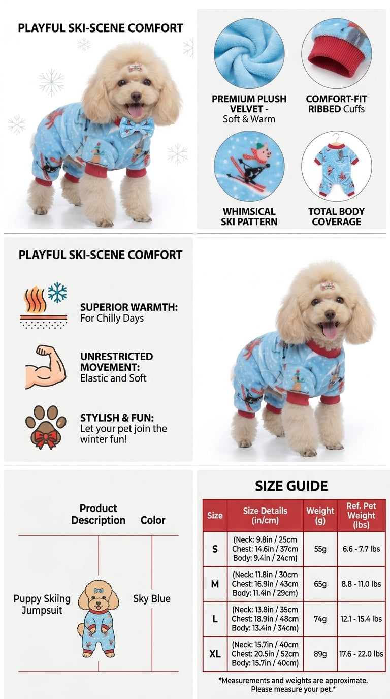 Tamecare Sky Blue Ski Scene Plush Dog Jumpsuit