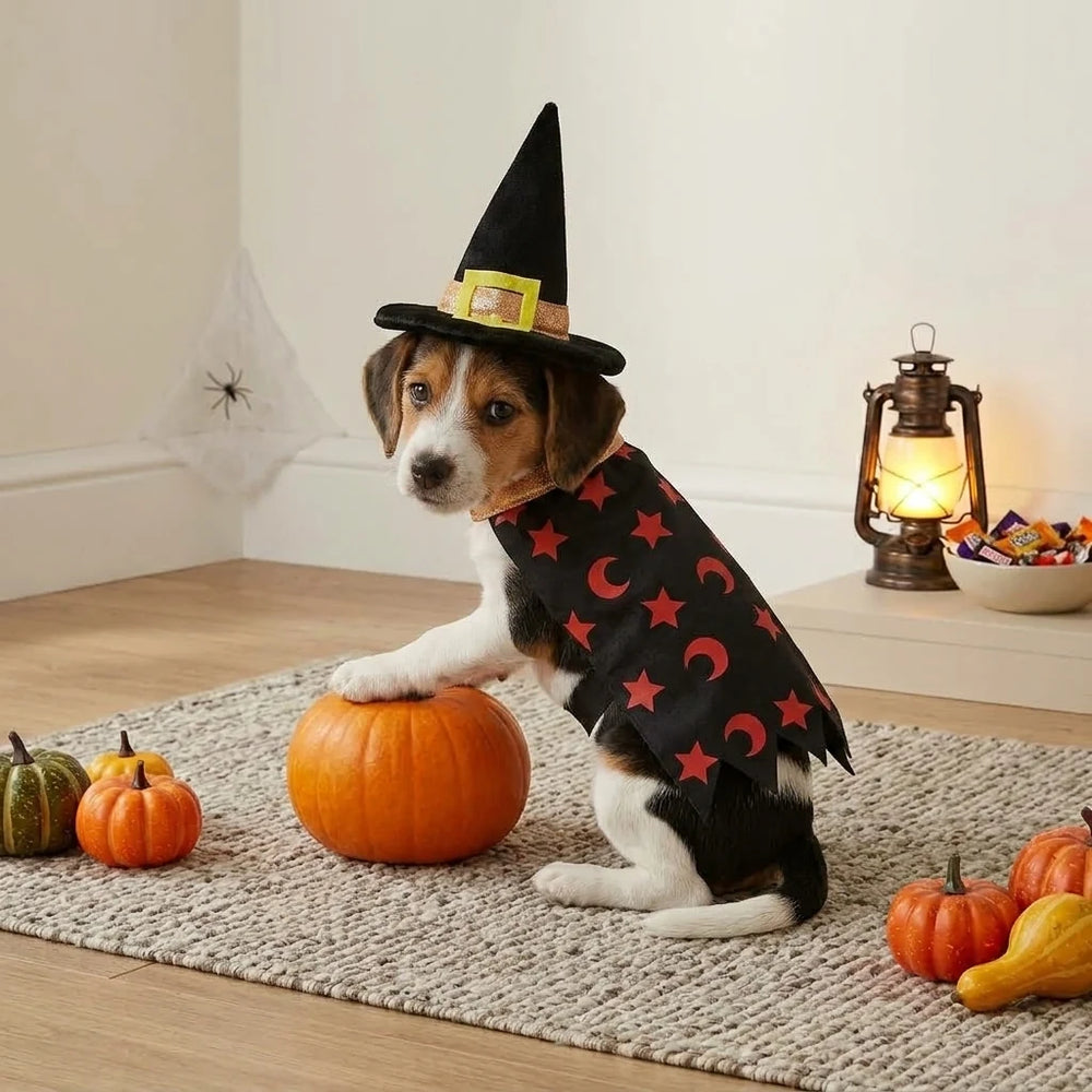 Tamecare Black Witch Hat and Cape Halloween Dog Costume