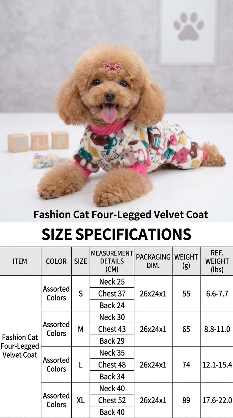 Tamecare Assorted Cat Print Velvet Dog Onesie