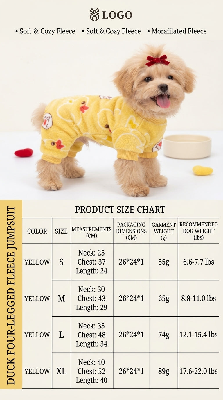 Tamecare Yellow Duck Print Fleece Dog Jumpsuit