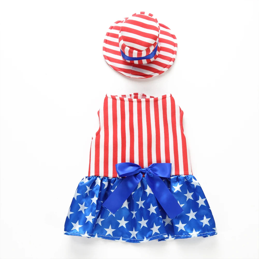 Tamecare Patriotic Stars and Stripes Puppy Dress and Hat Set