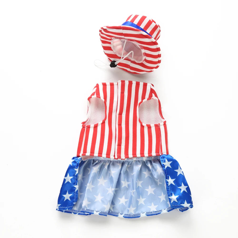 Tamecare Patriotic Stars and Stripes Puppy Dress and Hat Set