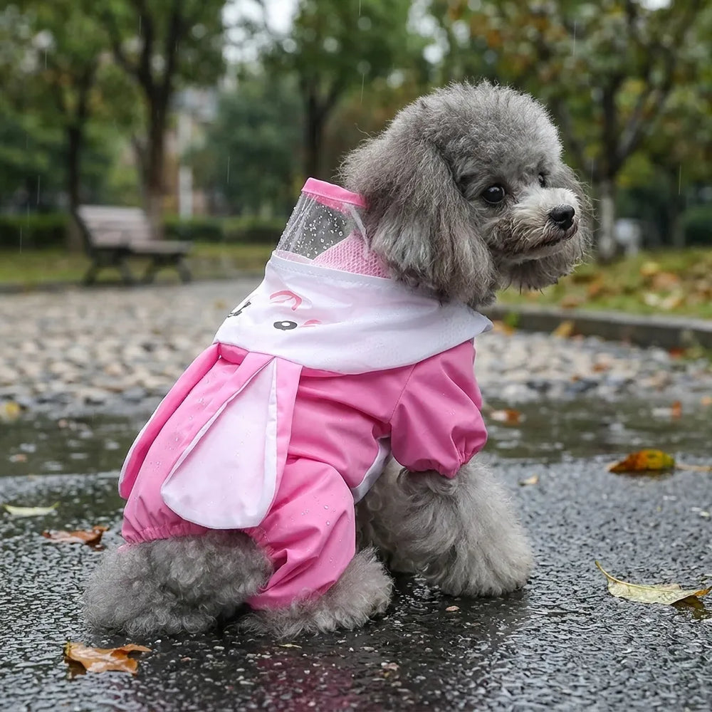 Pink Bunny Four-Leg Pet Raincoat With Clear Visor