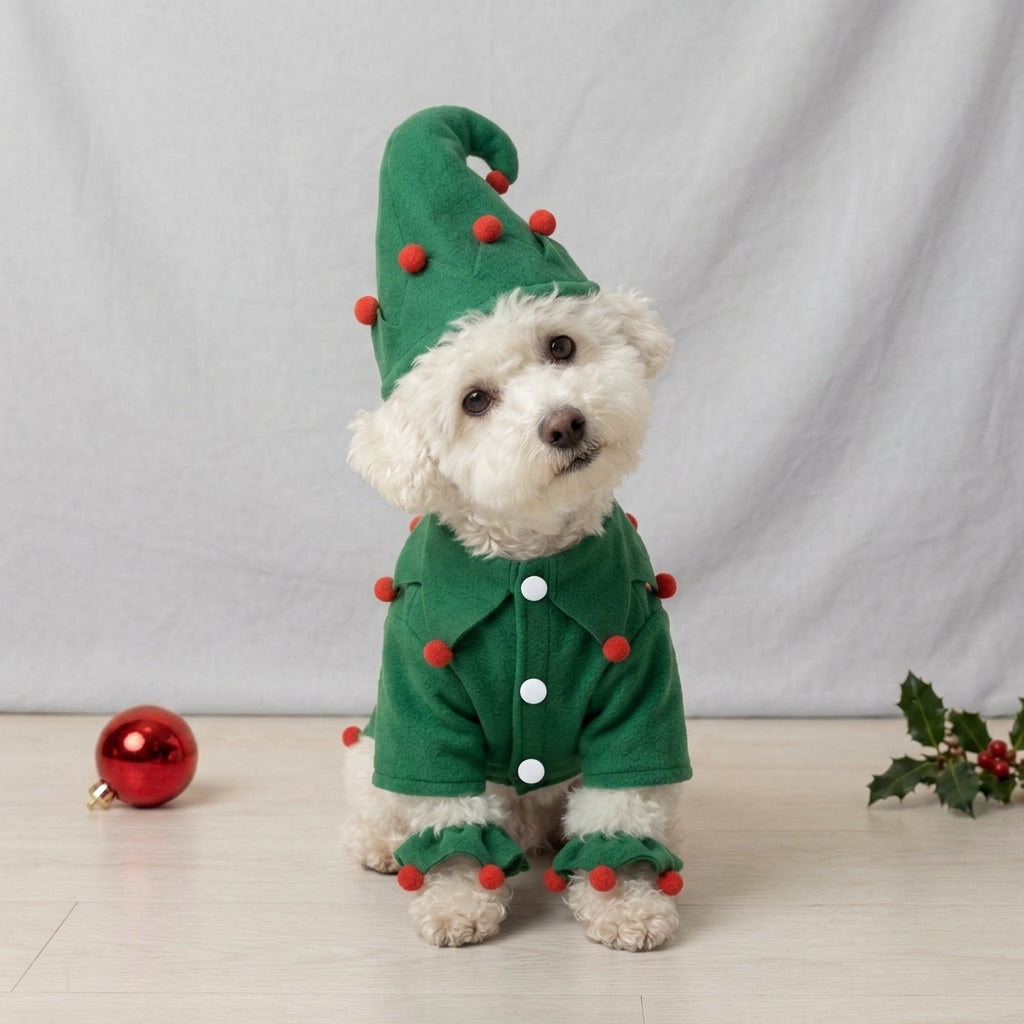 Tamecare Green Felt Elf Dog Costume with Hat and Ankle Cuffs