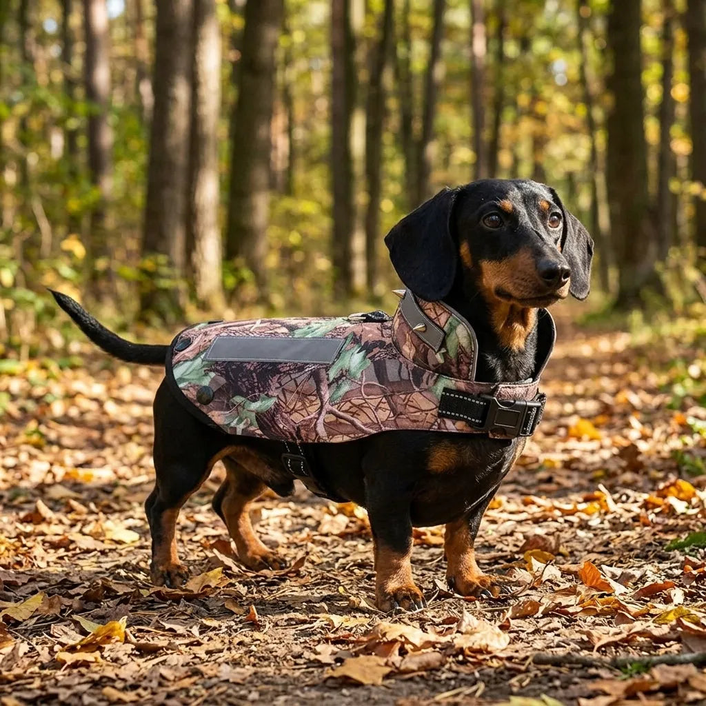 Tamecare reflective camo pet anti-attack safety vest - side view showing adjustable belly straps