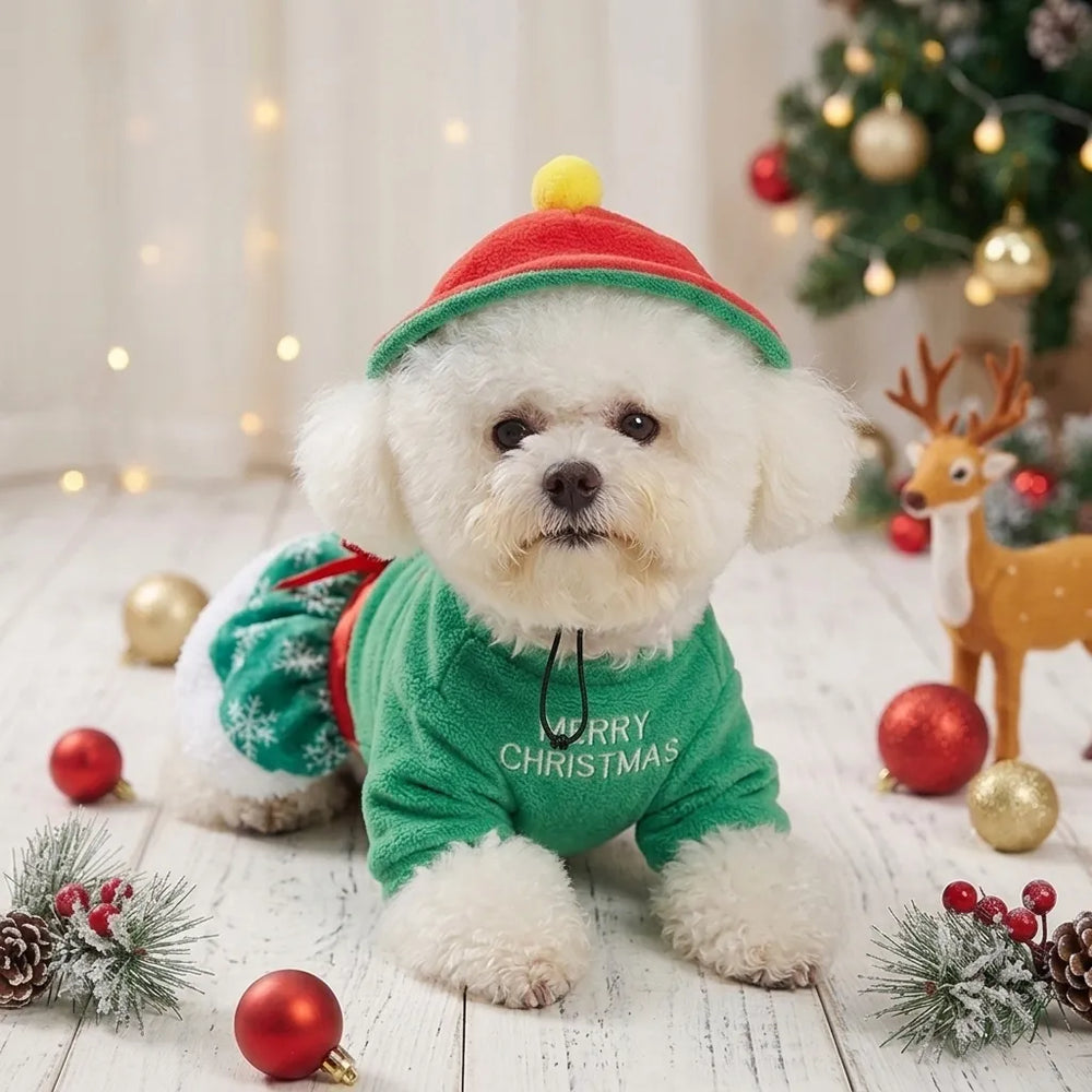 Tamecare Yellow Reindeer Christmas Dog Dress and Hat Set