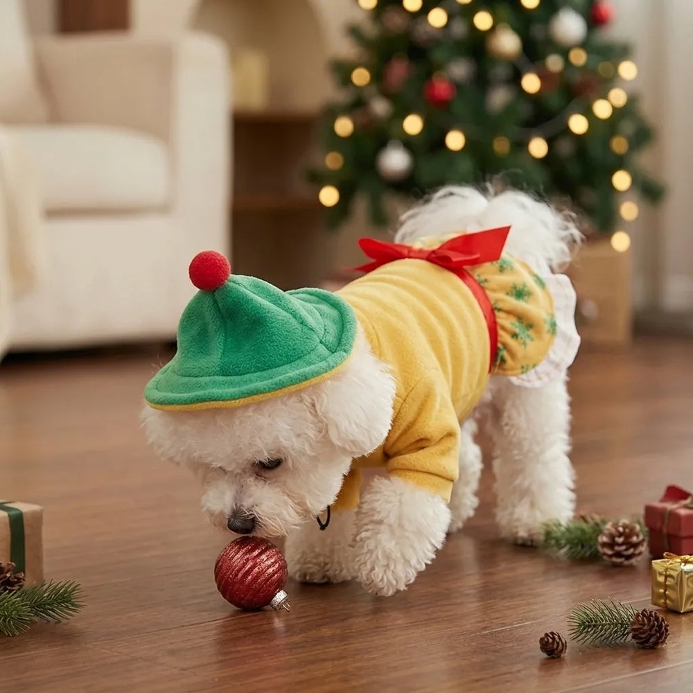 Tamecare Green Snowflake Christmas Dog Dress and Hat Set