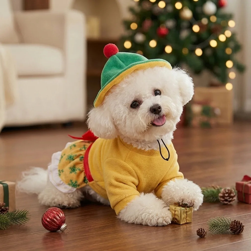 Tamecare Green Snowflake Christmas Dog Dress and Hat Set