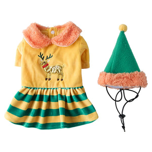 Tamecare Gold Reindeer Christmas Dog Dress and Hat Set