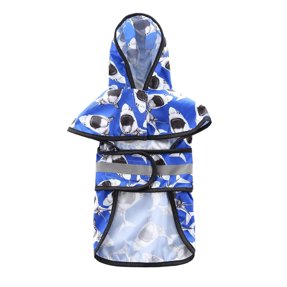 Blue Shark Print Reflective Hooded Dog Rain Cape