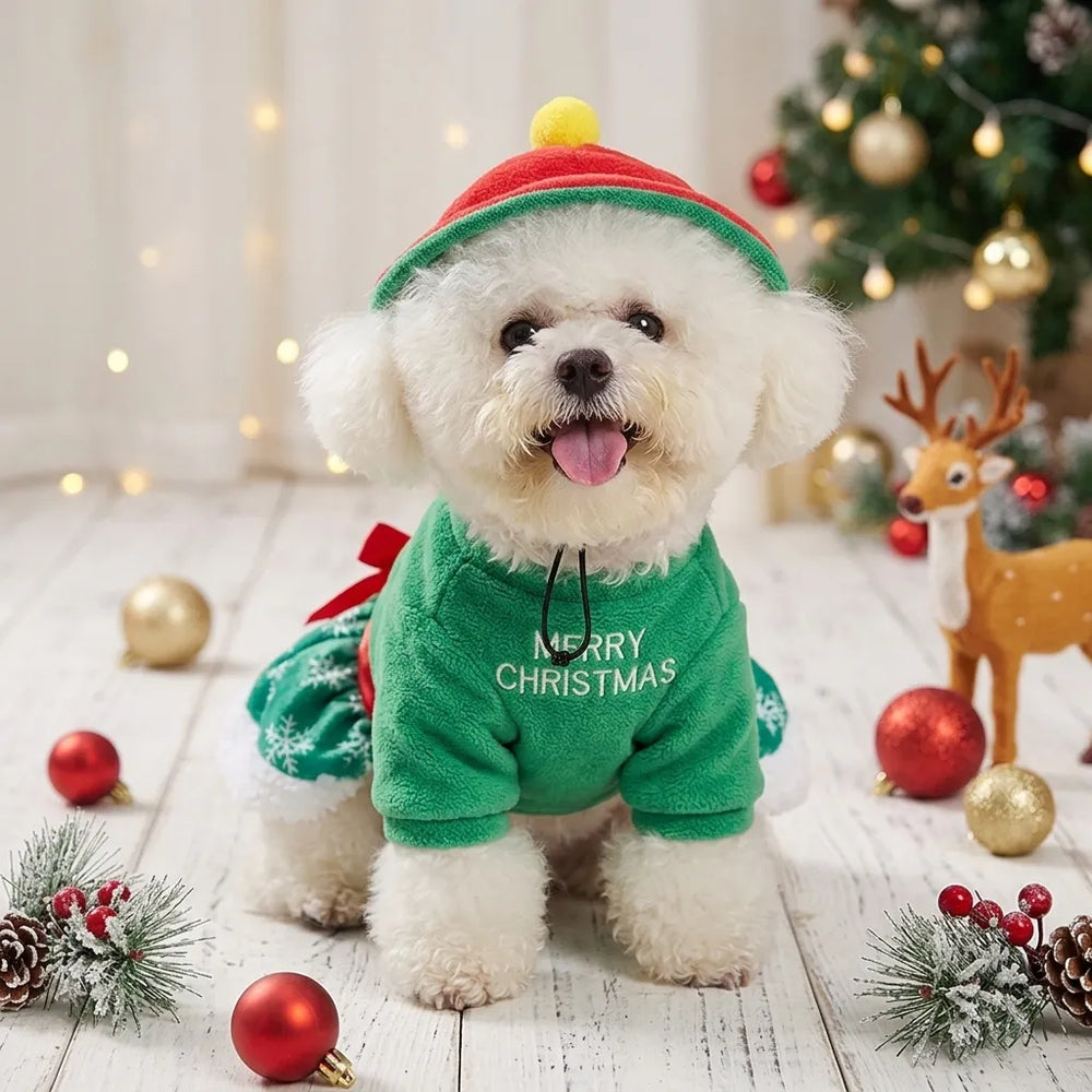 Tamecare Yellow Reindeer Christmas Dog Dress and Hat Set