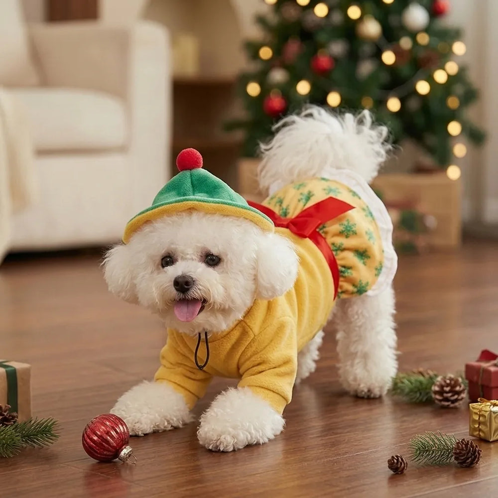 Tamecare Green Snowflake Christmas Dog Dress and Hat Set