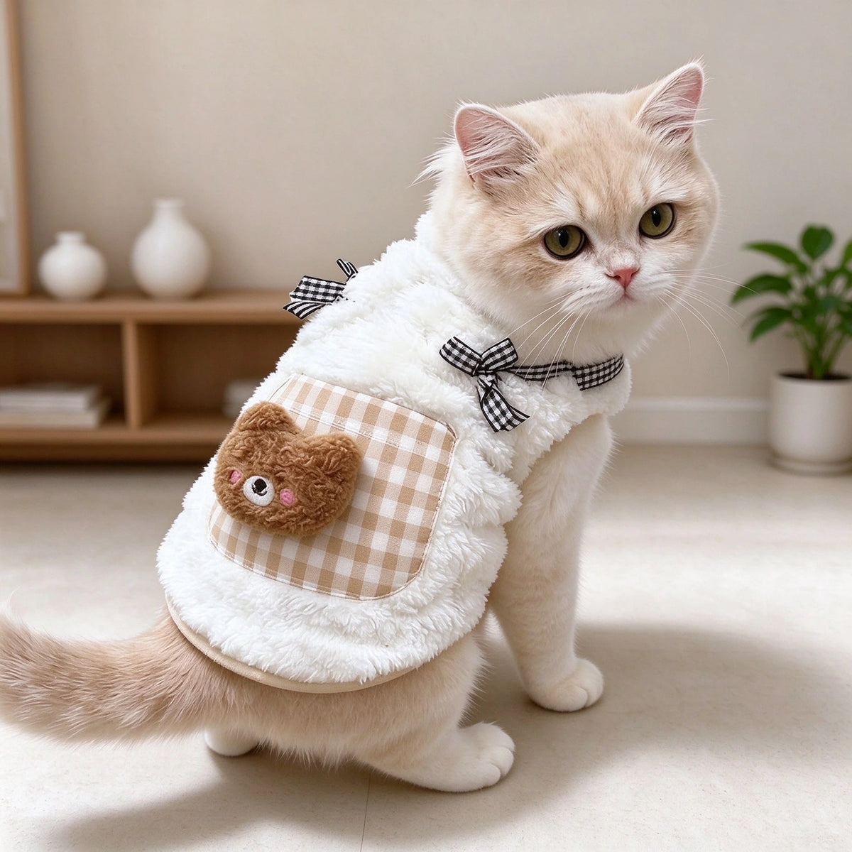 Tamecare Cream Teddy Bear Fleece Cat Vest
