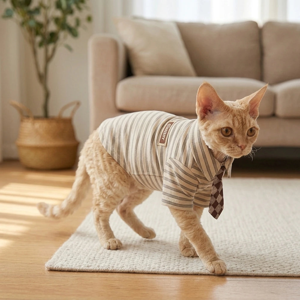 Tamecare Beige Striped Pet Shirt and Tie