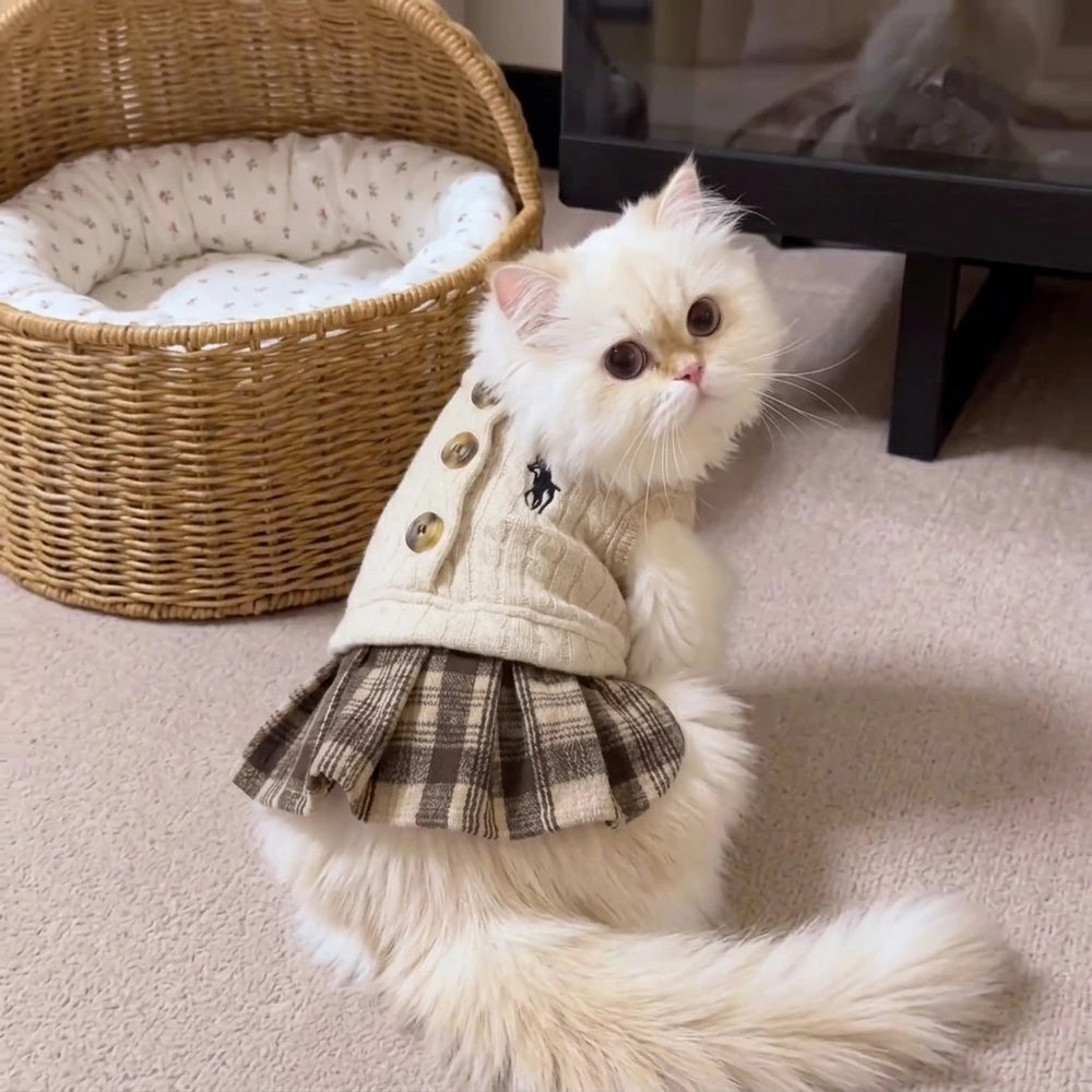 Tamecare Beige Cable Knit Plaid Cat Dress