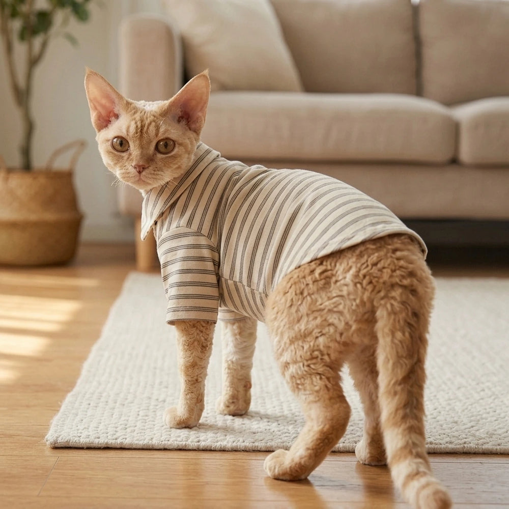 Tamecare Beige Striped Pet Shirt and Tie