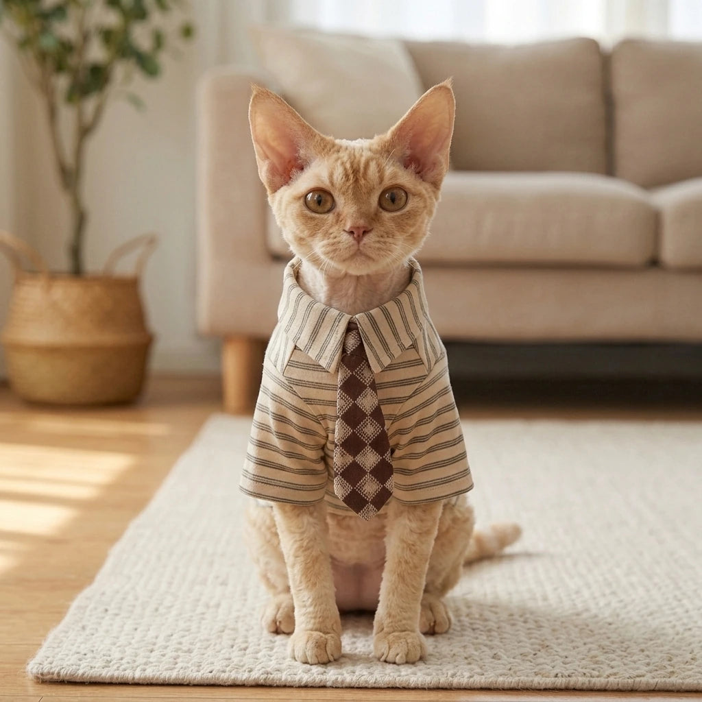 Tamecare Beige Striped Pet Shirt and Tie
