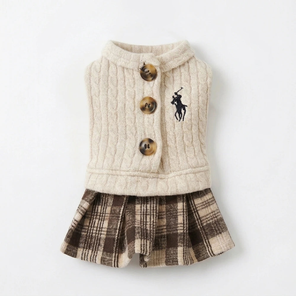 Tamecare Beige Cable Knit Plaid Cat Dress