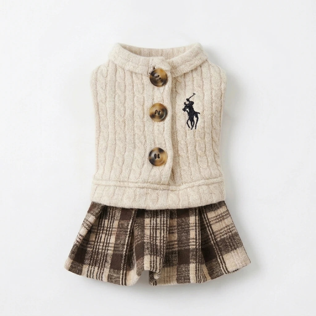 Tamecare Beige Cable Knit Plaid Cat Dress