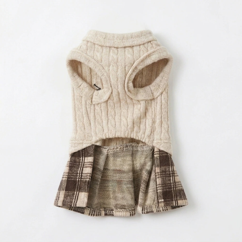 Tamecare Beige Cable Knit Plaid Cat Dress