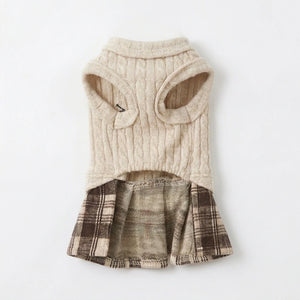 Tamecare Beige Cable Knit Plaid Cat Dress