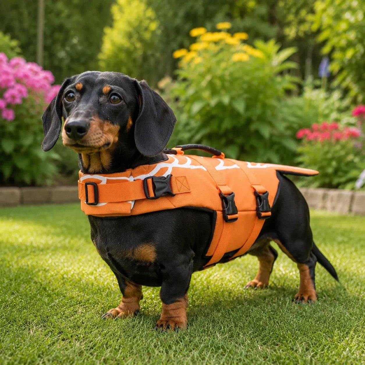 Tamecare orange-fish dog life jacket - three-quarter view near the lake